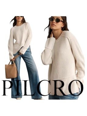 Anthropologie Pilcro Off White/Cream Ribbed Knit Crew Neck Split Hem Sweater XS)